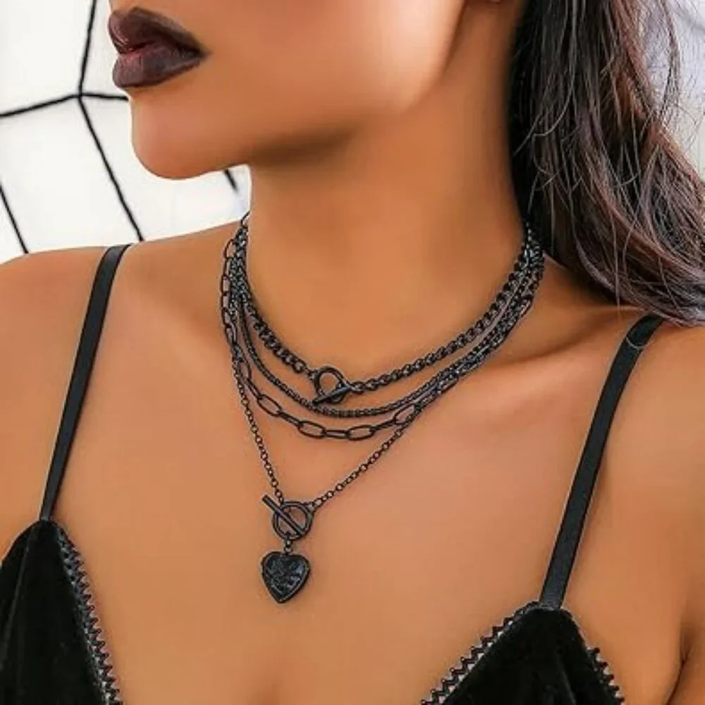 4 Layer Choker Necklace Chunky Heart Adjustable